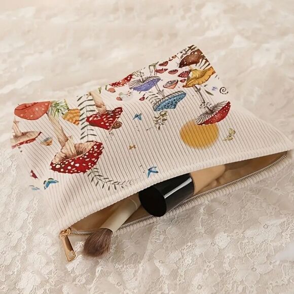 Mushroom corduroy cosmetic case makeup bag travel pouch - Picture 3 of 11